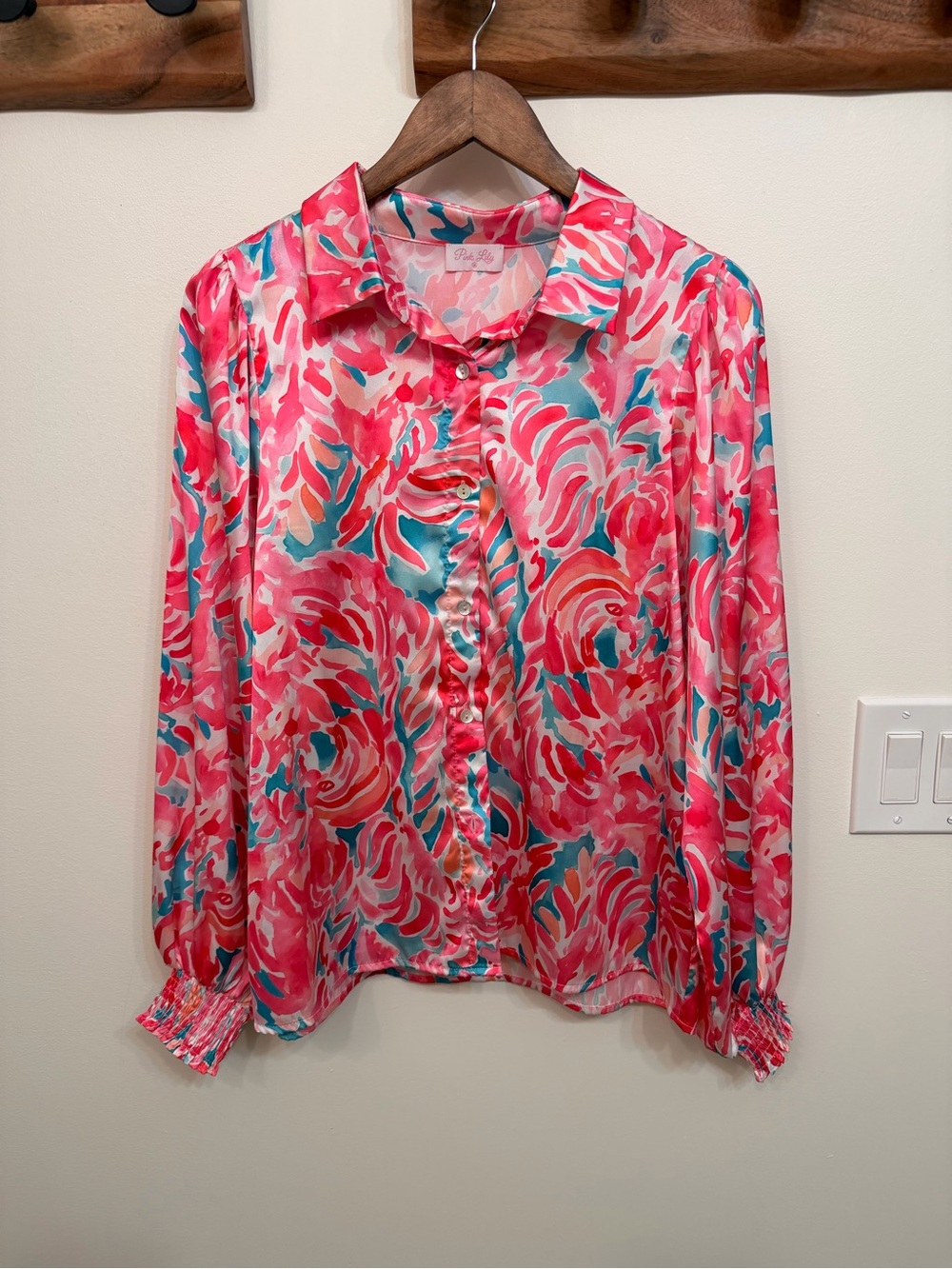 Pink Lily Pink & Teal Floral Satin Button-Up Blouse